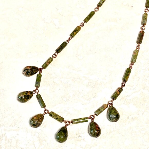 Rustic Natural Green Waterdrop Unakite Necklace, Genuine Gemstone + Copper Chain - Picture 4 of 12